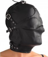 Lederen kap met afneembare blinddoek en snuit - BDSM - S/M - Maskers - Zwart - Discreet verpakt en bezorgd