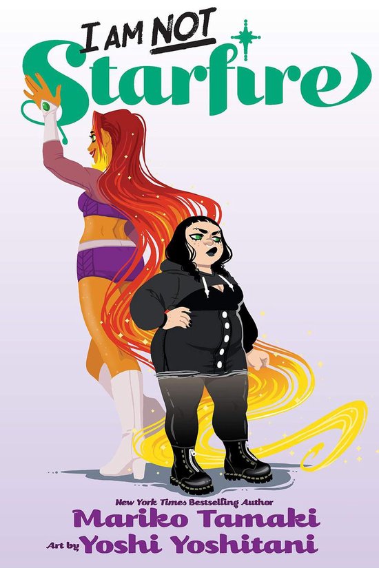 Een illustratie voor het boek 'I AM NOT Starfire'. Twee jonge vrouwen, een met lang rood haar en paarse outfit, de ander met zwart haar en hoodie.