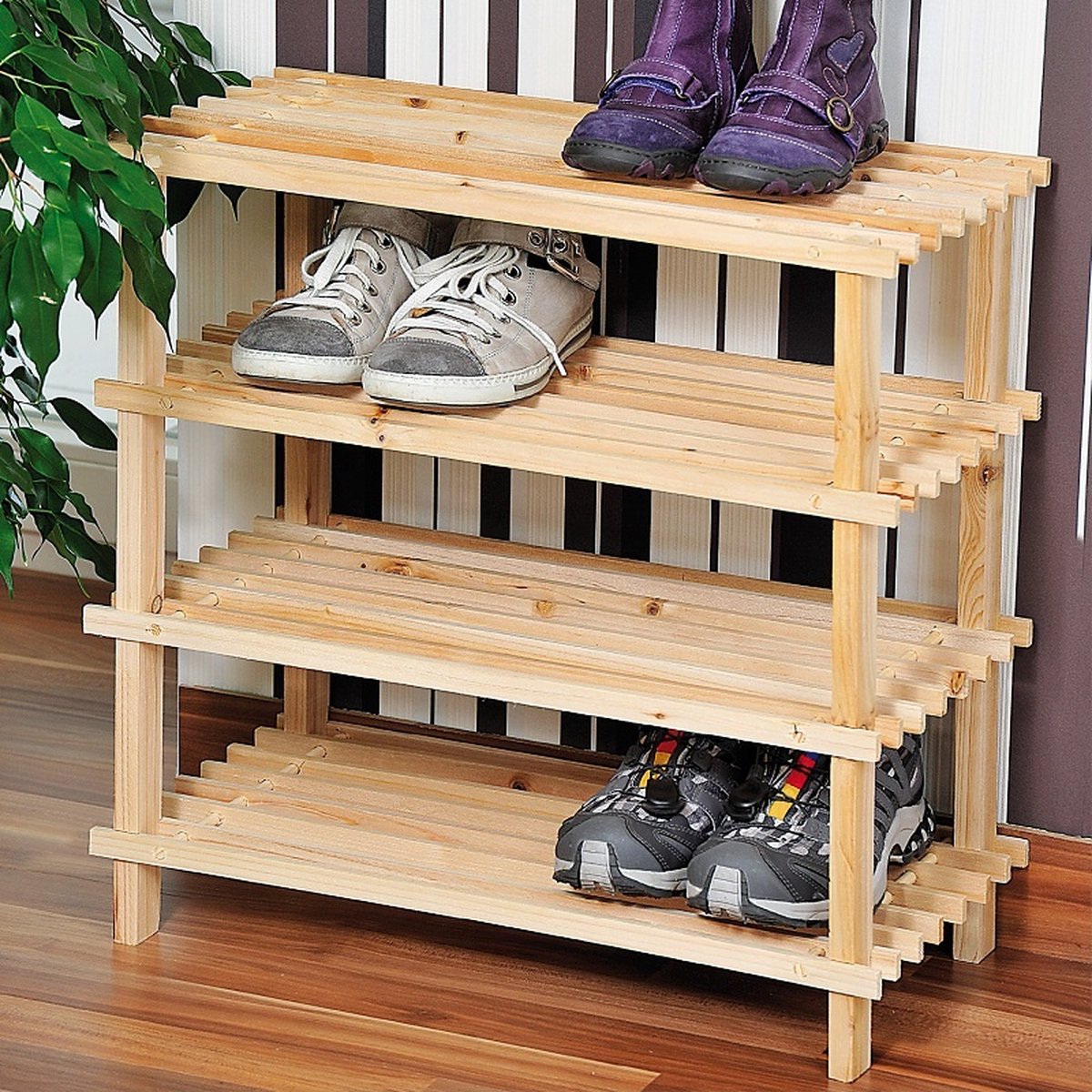 FSC® Dennenhouten Schoenenrek, 4 Verdiepingen voor 12 Paar Schoenen | Schoenenkast | Schoenen Rek | Afm. 54 x 26 x 52 Cm. | Kleur: Natuurlijk Dennenbruin