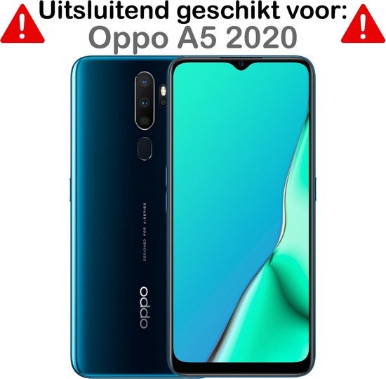 Donkerblauwe Oppo A5 2020 telefoon, voor- en achterkant, met tekst "Uitsluitend geschikt voor: Oppo A5 2020".