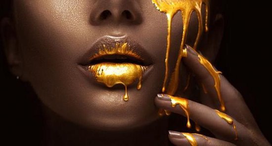 Glasschilderij - Vrouw met gouden lippen - 160x80 cm - Wanddecoratie