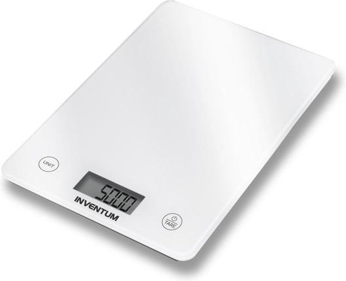 Inventum WS305 - Digitale keukenweegschaal - 1 gr tot 5 kg - Tarrafunctie - Glazen oppervlak - Inclusief batterij - Wit glas - Inventum