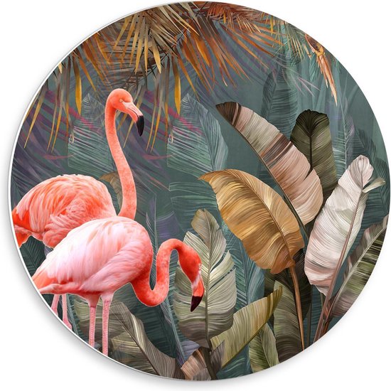 Forex Wandcirkel - Foto van Flamingo's tussen de Bladeren - 50x50cm Foto op Wandcirkel (met ophangsysteem)