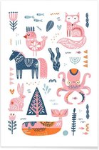 JUNIQE - Poster Patchwork Animals -60x90 /Roze & Wit