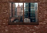 Fotobehang - Vlies Behang - 3D Raamzicht op de Flatgebouwen en Wolkenkrabbers in de Stad - 208 x 146 cm