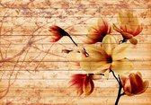 Fotobehang - Vlies Behang - Magnolia Bloem op Houten Planken - 312 x 219 cm