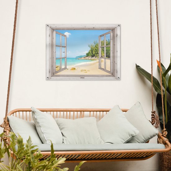 Tuinposter 80x60 cm - Tuindecoratie Doorkijk - Strand - Zand - Poster voor in de tuin - Buiten decoratie - Schutting tuinschilderij - Tuindoek muurdecoratie - Wanddecoratie balkondoek