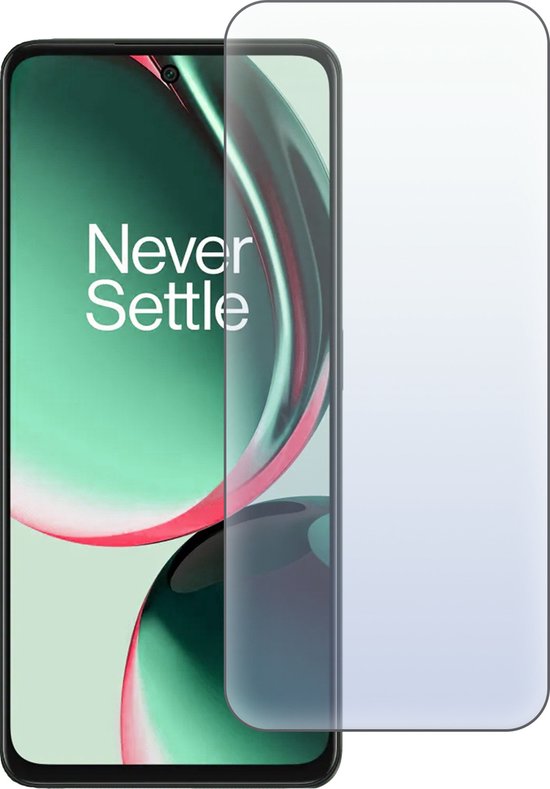 Glazen screenprotector op een OnePlus telefoon met 'Never Settle' erop.