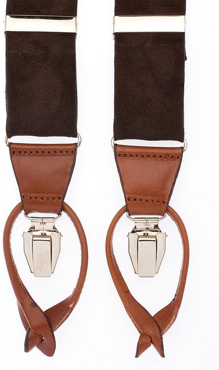 Hein Strijker Donkerbruine bretels met banden van suède en luxe leren afwerking in de kleur bruin