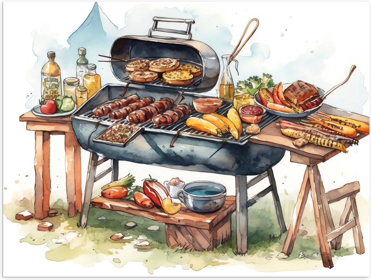Poster (Mat) - Tekening met Barbecue met Eten - 100x75 cm Foto op Posterpapier met een Mat