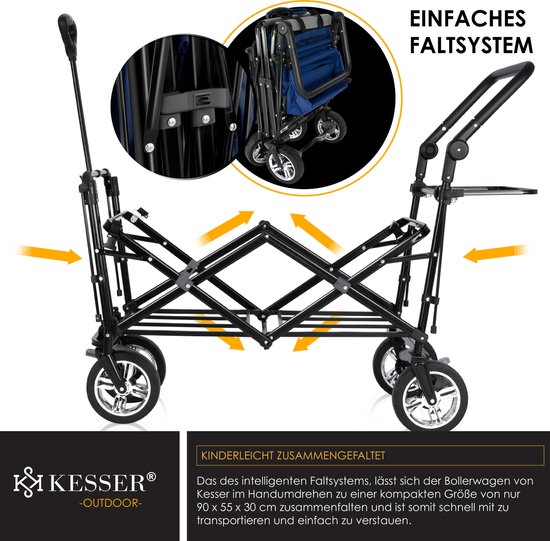 KESSER® Bolderkar opvouwbaar Bolderwagen GT9000 met dak Strandkar - incl. 2x 3-punts gordelsysteem - massief rubberen banden - tot 80 kg - rem voor en achter - + draagtas - Blauw / Grijs van KESSER — afbeelding 5