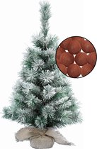 Mini kunst kerstboom besneeuwd -incl. verlichting bollen terracotta bruin- H60 cm