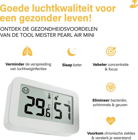 Tool Meister Pearl Air Mini - Hygrometer & Thermometer voor Binnen en Koelkast - Luchtvochtigheidsmeter - Vochtigheidsmeter - Weerstation - Digitaal - Incl Batterij