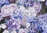 Fotobehang - Vlies Behang - Waterverfschilderij met Blauwe en Paarse Bloemen - 368 x 254 cm