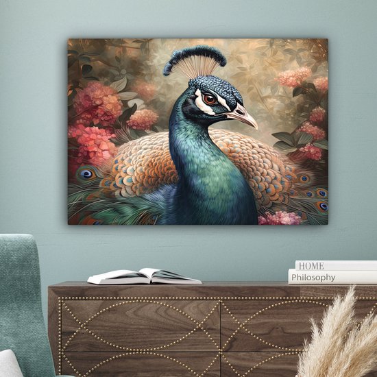 Tableau sur toile Paon - Vogel - Fleurs - Plantes - Plumes de Paon - 80x60 cm - Décoration murale