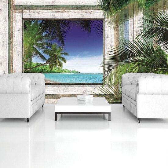 Papier peint photo Peint Intissé - Vue Tropicale 3D des Palmiers, de la Plage et de la Mer à travers la Fenêtre en Bois - 254 x 184 cm