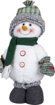 Sierlijke handgemaakt sneeuwpop groen/wit met geblokte muts - 40(52)cm