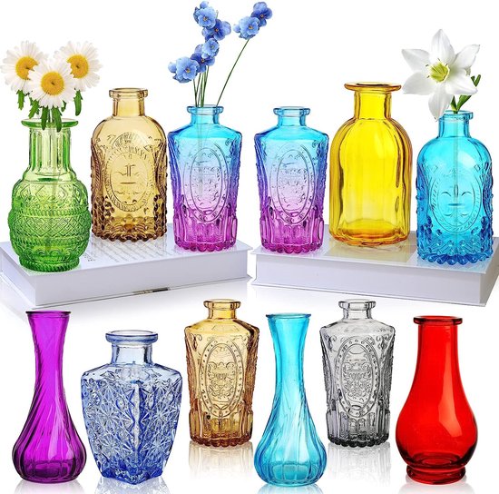Kleurrijke glazen vazen ​​12 stuks kleine kleurrijke vintage bud vazen  ​​mini... | bol