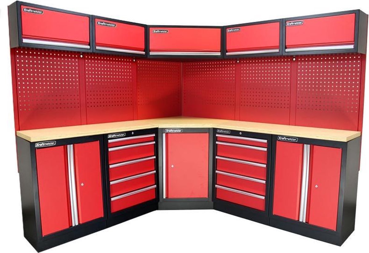 Kraftmeister werkplaatsinrichting - Werkbank met 5 wandkasten, 2 opbergkasten en multiplex werkblad - Werktafel met 10 laden en gereedschapswand - Complete set voor werkplaats of garage - Rood