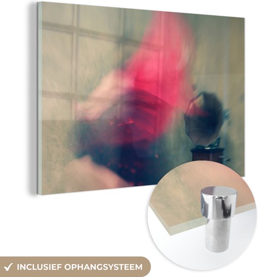 Glasschilderij - Dans - Grammofoon - Retro - Rood - Mens - Schilderij glas - 90x60 cm - Muurdecoratie - Foto op glas