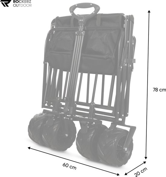 Bolderkar - Bolderwagen - Kleur: Zwart - Opvouwbaar - XL inhoud (12OL) - Inclusief veiligheidsriemen - Tot 100 kg draagvermogen - Handige opbergvakken - Water- en vuilafstotend - Gemonteerd in verpakking - Merk: Rockerz Outdoor