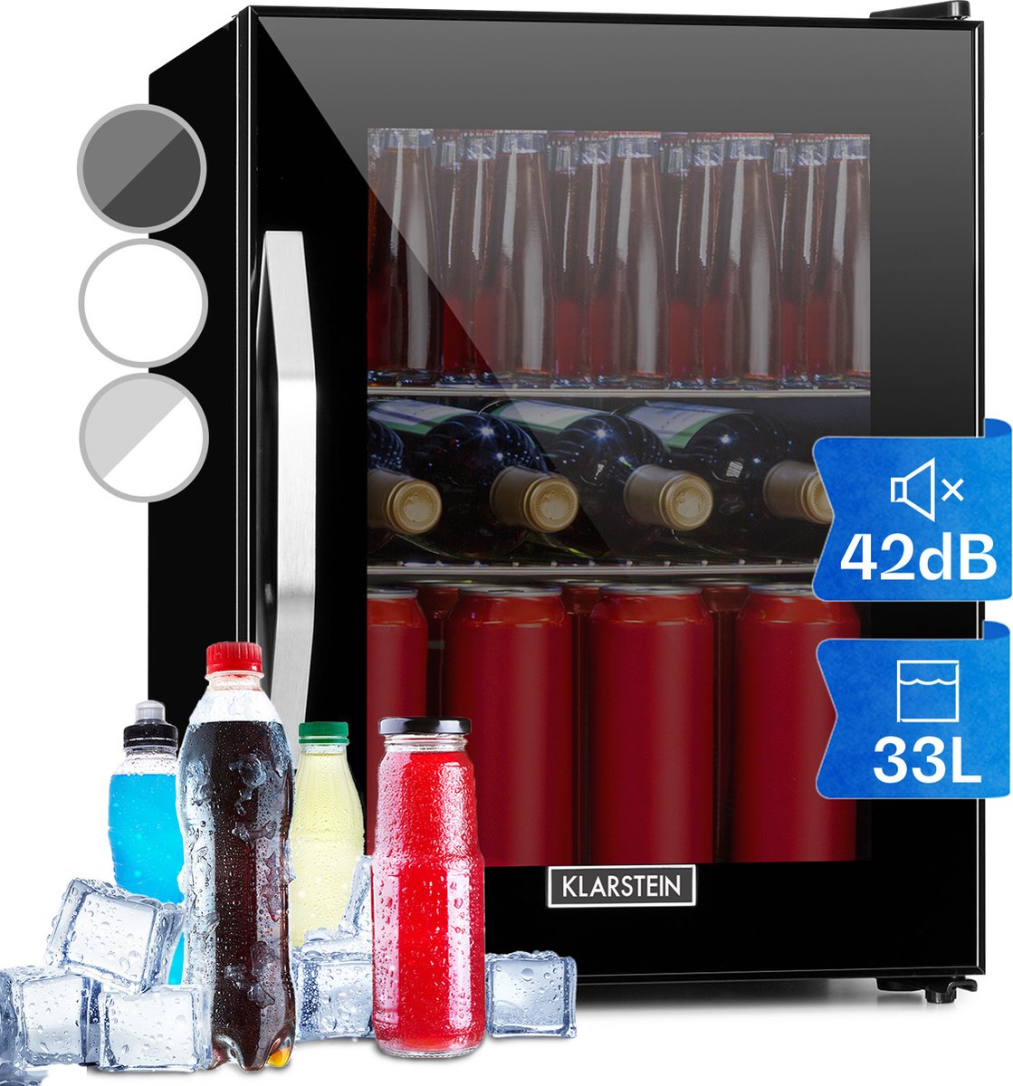 Klarstein Beersafe MOnyx Koelkas - Vrijstaand - Volume: 33 Liter - 2 Metalen Schappen - Instelbare Interne Temperatuur Van 0 Tot 10 °C - Draaiknop - Dubbel Geïsoleerde Glazen Deur - 2 Schappen - Glazen Panoramadeur - LED-Verlichting - Zwart