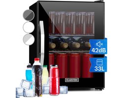 Klarstein Mini Koelkast met Glazen Deur, Mini Koelkast voor Kamer, Kleine Drankkoelkast met Verstelbare Planken, 33 Liter, Stille Indoor/Outdoor Koelkast - Compact - Zwart - LED Touch - Mini Fridge - Hotelkoelkast - Kleine Koelkast