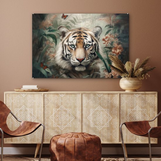 Peinture sur verre - Tigre - Fleurs - Blinder - Animaux - Nature - Plaque de verre - Photo sur verre - Peintures sur verre salon - Peinture sur verre - 120x80 cm - Décoration murale - Décoration murale - Chambre - Décoration de chambre