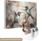 MuchoWow® Glasschilderij 120x80 cm - Schilderij acrylglas - Kolibrie - Vogels - Bloemen - Planten - Foto op glas - Schilderijen