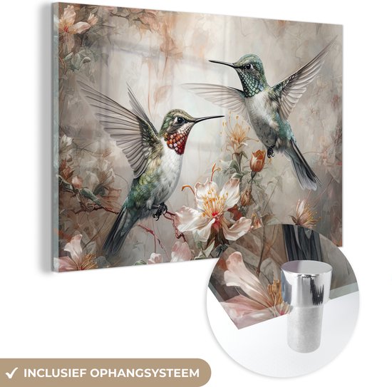 MuchoWow® Glasschilderij 120x80 cm - Schilderij acrylglas - Kolibrie - Vogels - Bloemen - Planten - Foto op glas - Muurdecoratie woonkamer - Wanddecoratie slaapkamer - Schilderijen