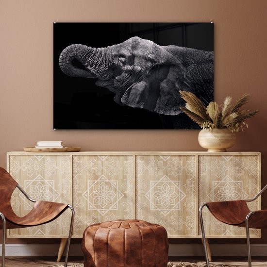 MuchoWow® Peinture sur verre - Éléphant - Animaux - Zwart - Nature - 90x60 cm - Peintures sur verre acrylique - Photo sur Glas