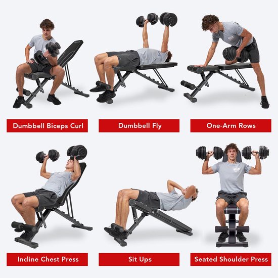 Banc de musculation LifeGoods Fitness - Banc de fitness - Ajustable - Pliable - Zwart/ Grijs