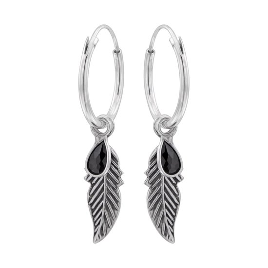 Oorbellen 925 zilver | Oorringen met hanger | Zilveren oorringen met hanger, veertje met zwart kristal