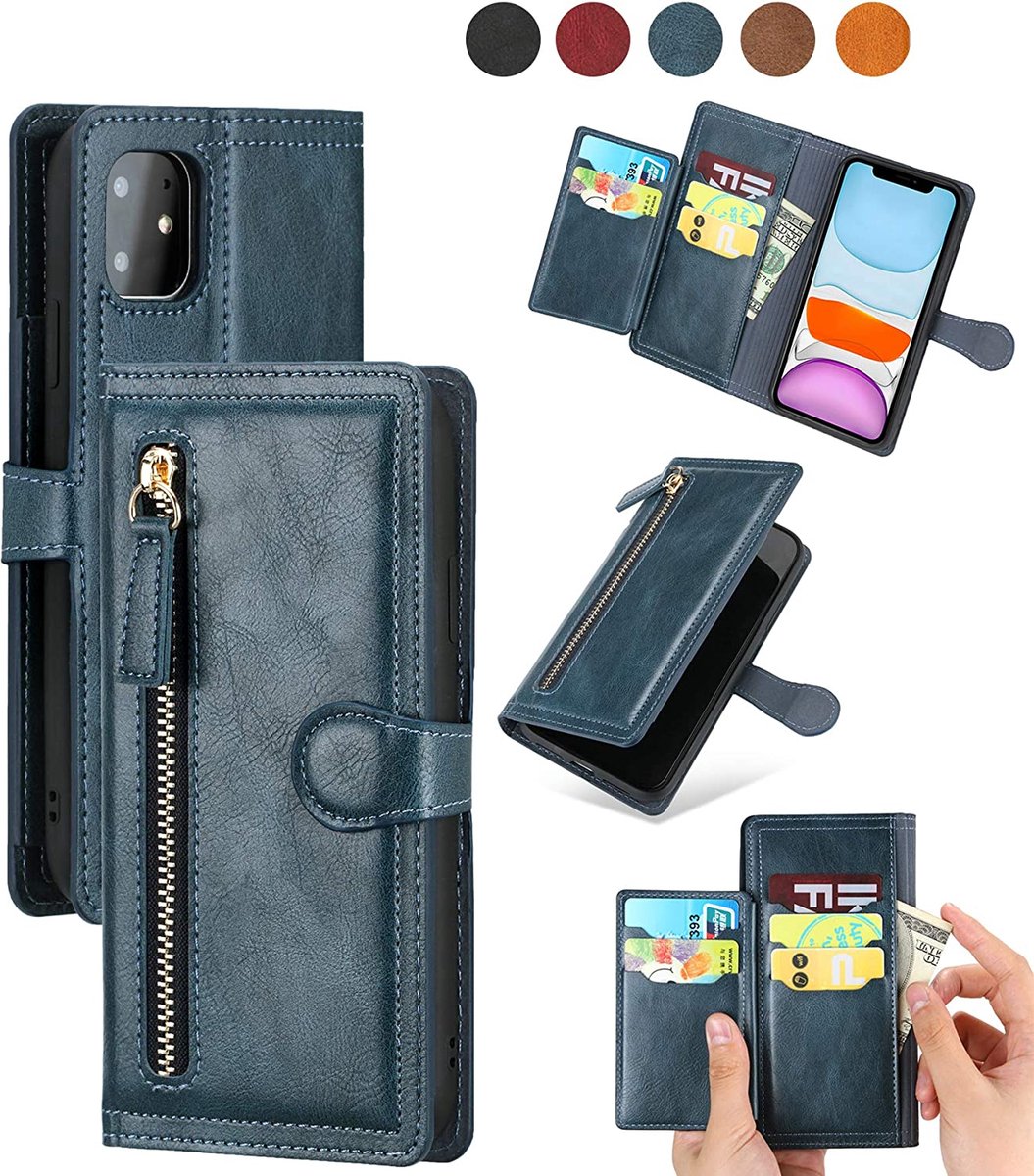 Bookcase Geschikt voor: iPhone 14 Pro Max Book case met ritssluiting - Hoesje Flipcover - Magnetisch - 5 kaarten houder - Donkerblauw