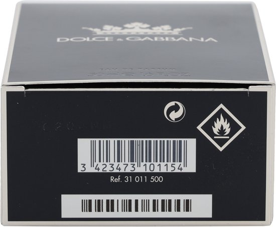 Doos van Dolce & Gabbana K Eau de Parfum, zwart met witte tekst en een kroon logo.