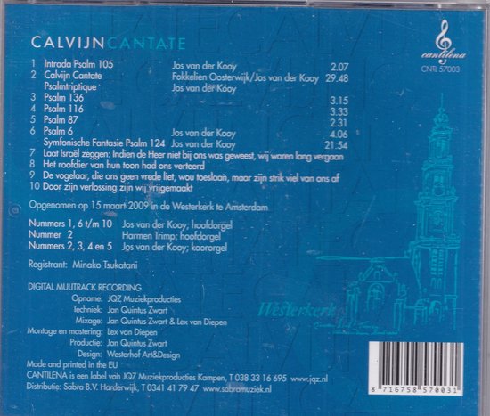 Achterkant van de cd-hoes CALVIJN CANTATE met tracklist en informatie over de opname.