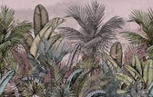 Fotobehang Pattern Wallpaper Jungle Tropical Drawings Of Palms Trees And Birds Of Different Colors With Birds And Pink Background - Vliesbehang - 254 x 184 cm
