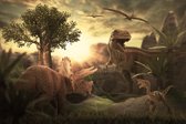 Fotobehang Dinosaurussen Bij Zonsondergang - Vliesbehang - 300 x 210 cm