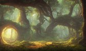 Fotobehang Amazing Fantastic Curved Forest. Forest Landscape Of Trees In The Rays Of The Sun. 3D - Vliesbehang - 254 x 184 cm