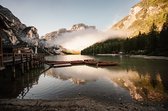 Fotobehang Boats On The Braies Lake, Pragser Wildsee In Dolomites Mountains, Sudtirol, Italy Dolomite. - Vliesbehang - 300 x 210 cm