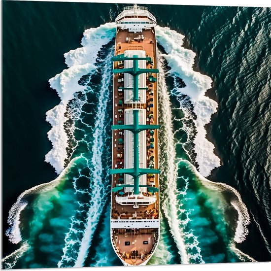 Acrylglas - Bovenaanzicht van Groot Cruiseschip Varend over de Golven van de Zee - 80x80 cm Foto op Acrylglas (Met Ophangsysteem)
