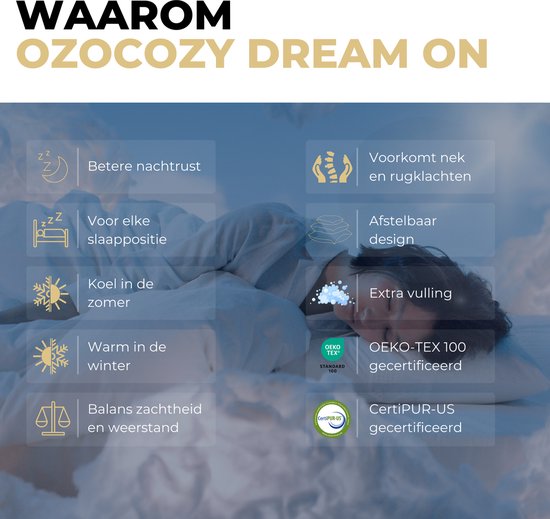 Ozocozy Dream on - Hoofdkussen - 60 x 70 cm - Memory Foam - Traagschuim Hoofdkussen - Geschikt voor rug-, zij- en buikslapers - Verkoelende Technologie - Vulbaar