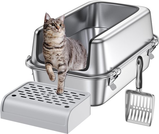 Kattenbak Xxl Roestvrijstalen Kattenbak Met Flip-top Deksel – Grote Afmetingen, Inklapbaar, Met Schep & Mat (lichtgrijs) Hygiënische Kattenbak Roestvrij