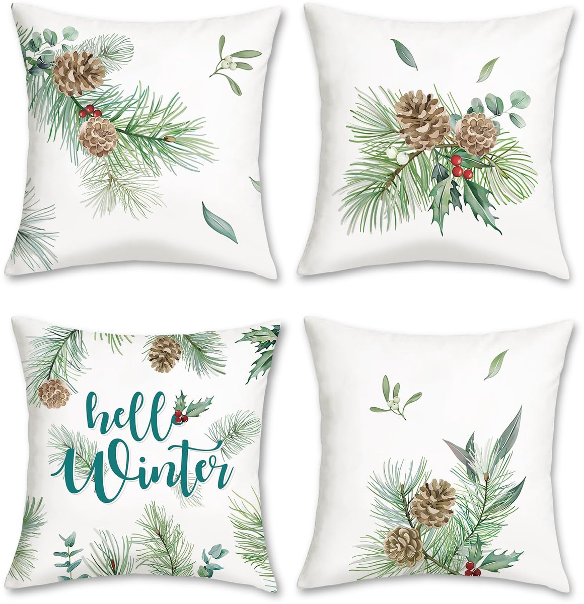 Ibenzoa Set van 4 Winterse Kussenslopen 45 x 45 cm met Dennenbladeren en Dennenappels voor Sfeervolle Huiskamerdecoratie wit groen