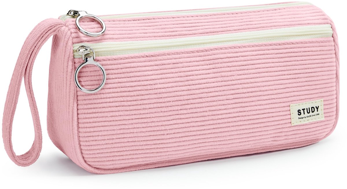 KALIDI Corduroy etui met 3 compartimenten, grote etui, etui met grote capaciteit, etui met pennen, etui met pennenvak voor school en kantoor