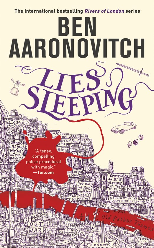 Boekomslag voor 'Lies Sleeping' van Ben Aaronovitch, met de titel in paarse sierletters en een rode inktvlek op een gedetailleerde tekening van Londen.