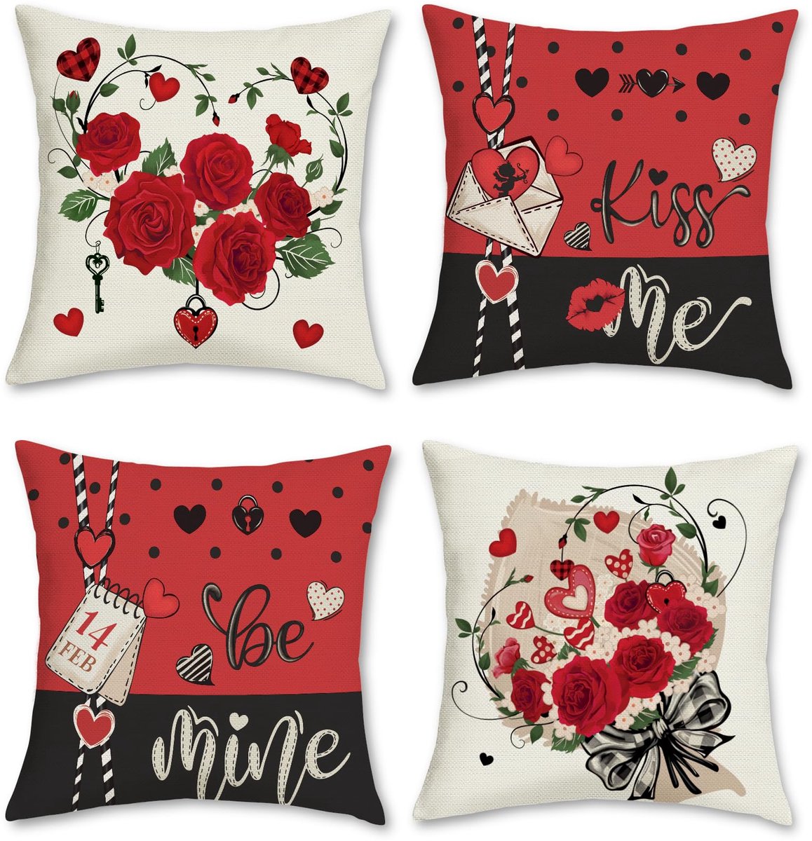 Ibenzoa Set van 4 decoratieve kussenhoezen met rode roos en liefdeshart voor Valentijnsdag rood wit