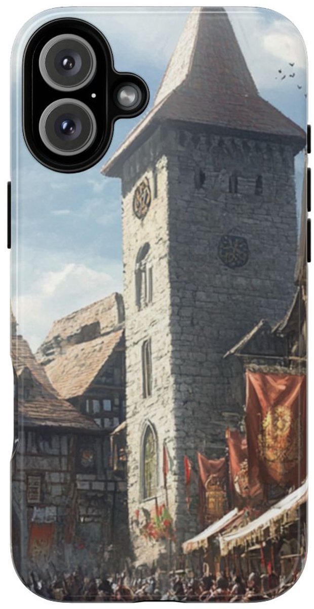 Middeleeuws Europees Dorpsstraat Tafereel – Telefoonhoesje Geschikt voor iPhone 16 Plus