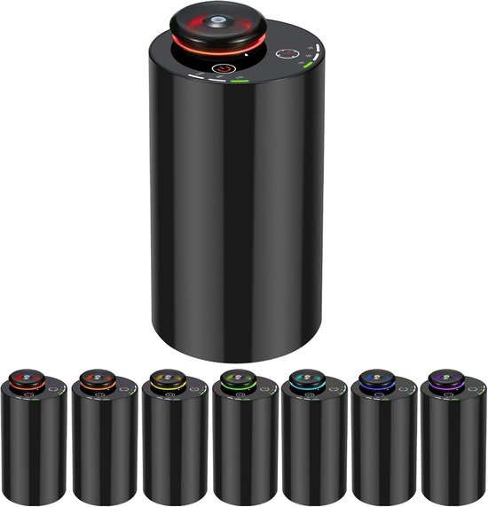 Zwarte cilindrische diffuser met instelbare LED-verlichting in meerdere kleuren aan de bovenkant. Meerdere diffusers onderaan, elk met een andere LED-kleur.