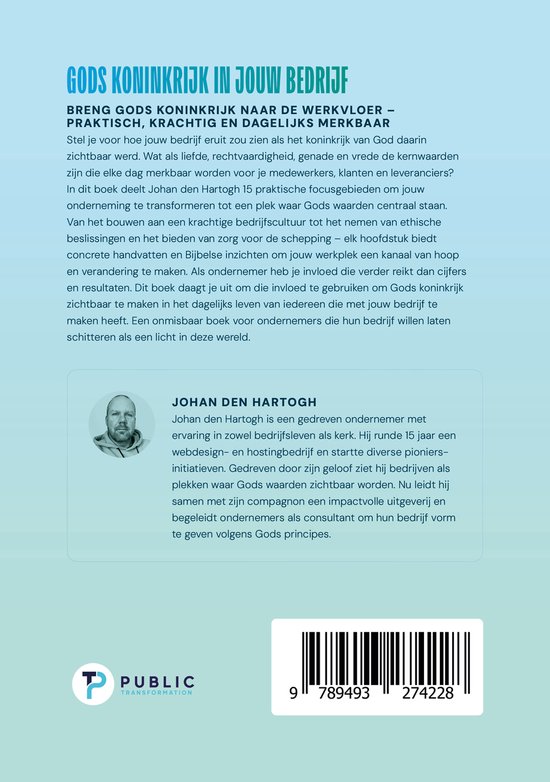 Boekomslag met tekst "Gods Koninkrijk in Jouw Bedrijf" en portret van Johan den Hartogh.